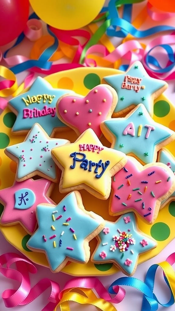 Colorful birthday party cookies shaped like stars and hearts with icing and sprinkles on a festive plate.